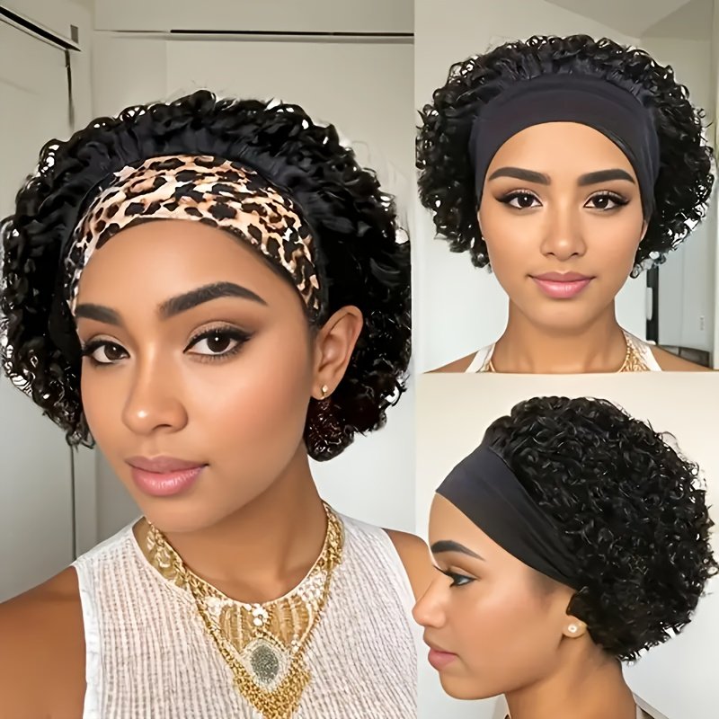 150% Density Human Hair Wig Short Headband Bob Wig Natural Black Short Curly Bob Cut Glueless Headband Wig Full Machine Curl Wig - Image 7