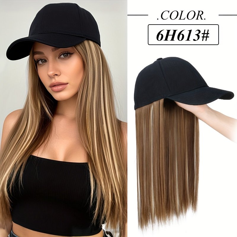 Synthetic Hat Wig with Long Straight Black Hair Baseball Cap Hair Extension Stylish Convenient All-In-One Design for Women - Image 25