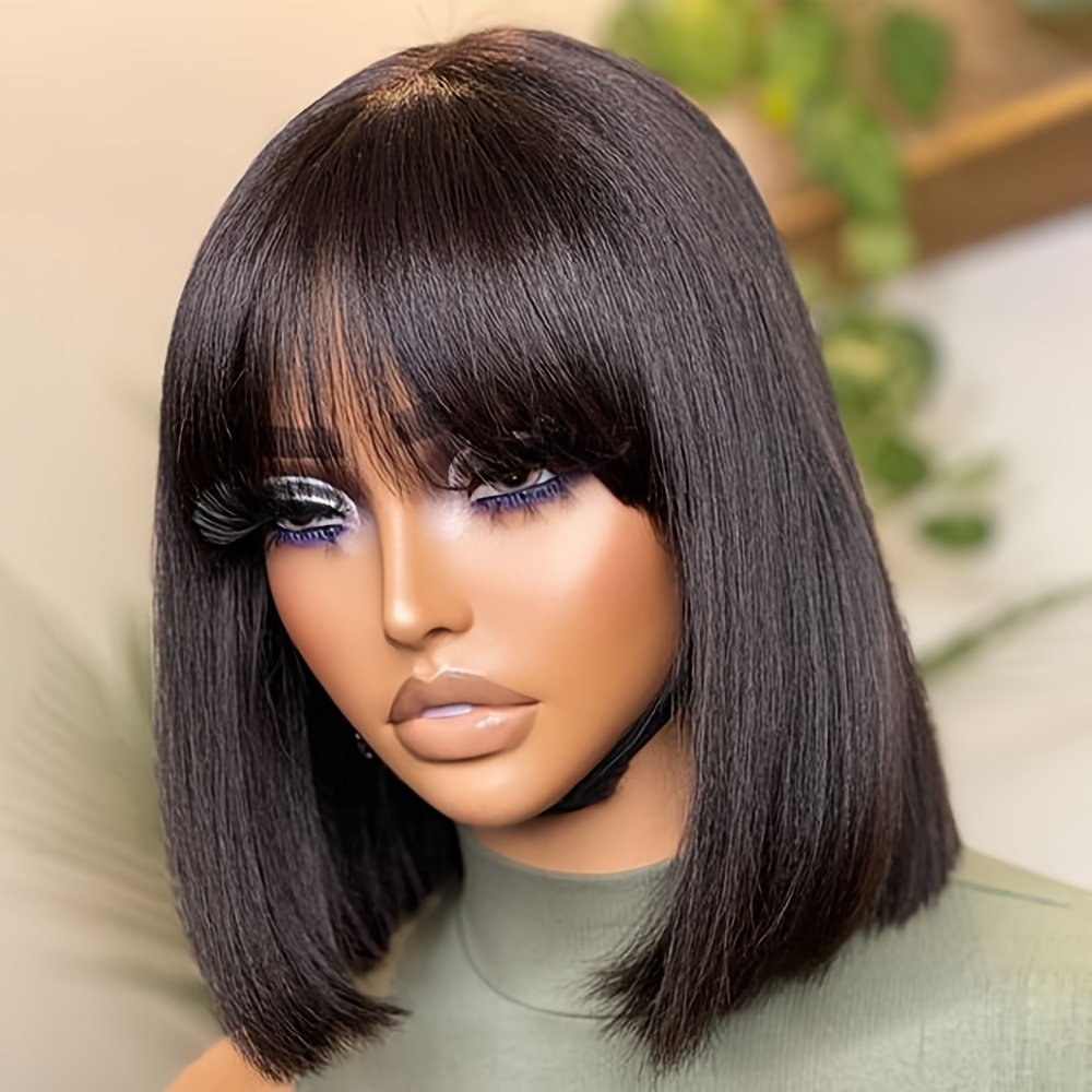Straight Short Bob Wig with Bangs Human Hair 150% Density Glueless Straight Bob Wig Human Hair with Bangs Bob Wigs for Women No Lace Front Wigs Full Machine Made Straight Bob Wig - Image 5