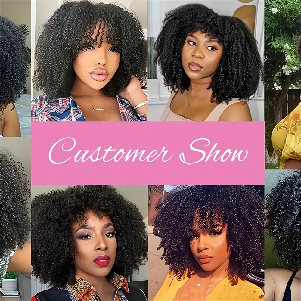 Women'S Afro Kinky Curly Wig with Bangs - Density Full Machine-Made Scalp Top, Natural Black Brazilian Human Hair Wig for, Everyday & Special Events - Voluminous Curly Hairstyle, Short Hair Wigs, Event Hairpiece, Naturallooking Hairpiece, Protective Style, Beauty Accessory - Image 5