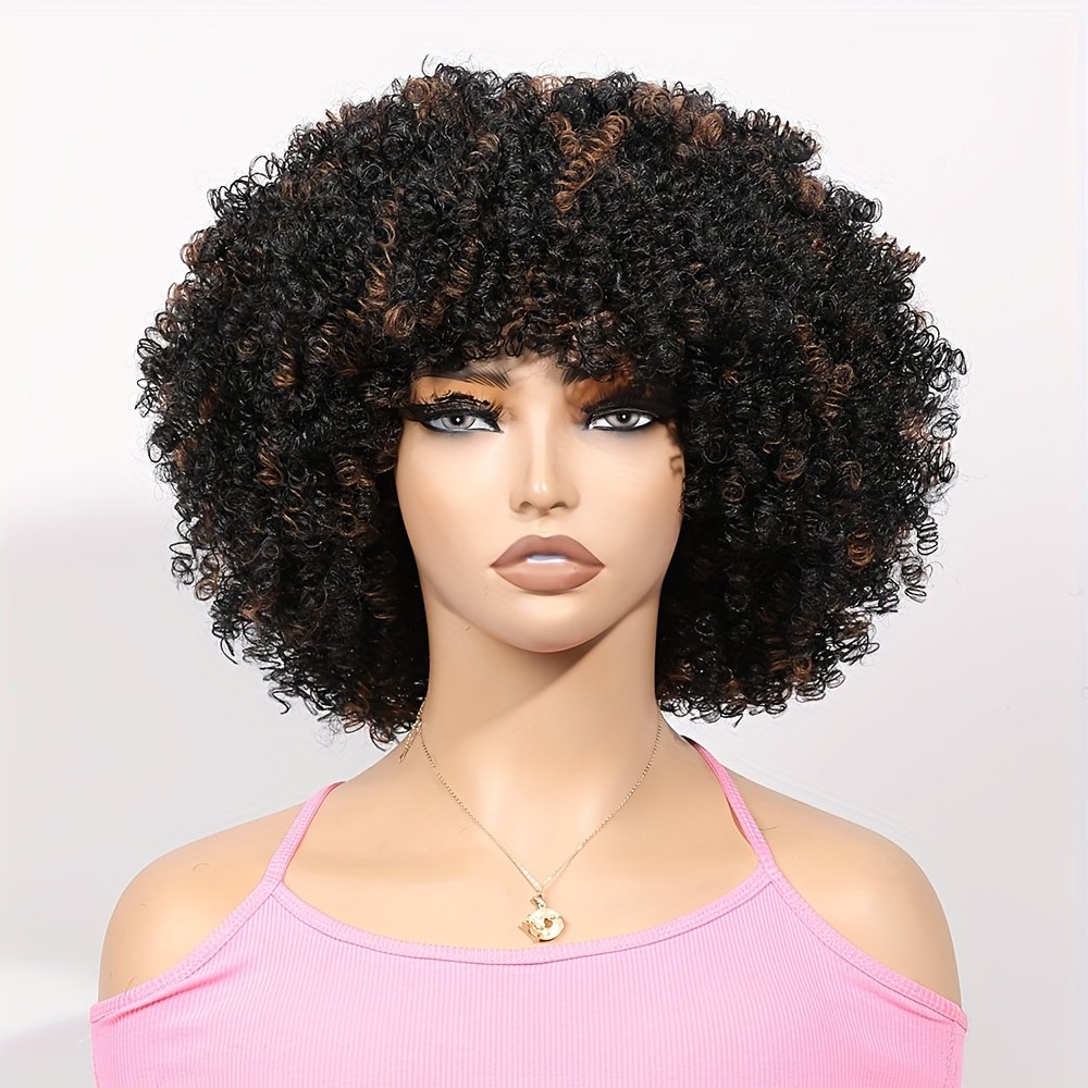 1pc Women’s 9mm Curl Wig, Black Brown Wig, Natural Versatile Cap-Style Wig, Full Head Wig