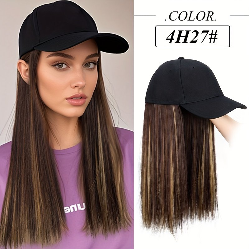 Synthetic Hat Wig with Long Straight Black Hair Baseball Cap Hair Extension Stylish Convenient All-In-One Design for Women - Image 19