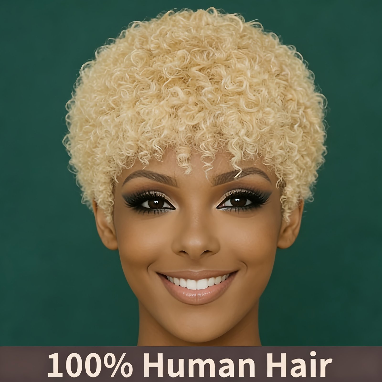 10.16cm-Women’s 27# Blonde Color Cosplay Wig for Halloween Short Pixie Cut Wig 200% Density Curly Wave Human Hair Wigs with Bangs Easy to Wear Hairpiece for Daily Party & Cosplay & Christmas & Black Friday