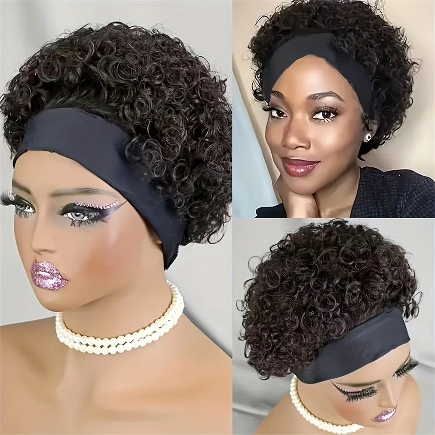 150% Density Human Hair Wig Short Headband Bob Wig Natural Black Short Curly Bob Cut Glueless Headband Wig Full Machine Curl Wig - Image 9