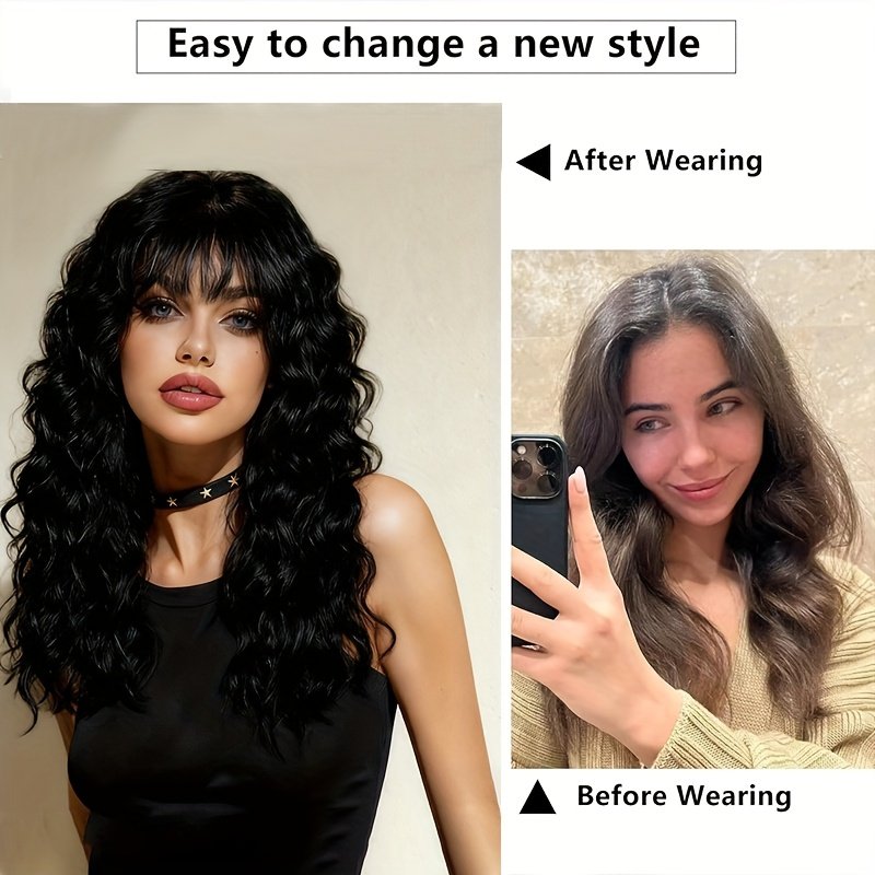 One Black Wig with Bangs, Natural Fluffy Medium-Long Curly High-Quality Synthetic Wig, Suitable for Daily Parties and Christmas Dress-Up - Perfect New Year Gift 1B Black - Image 14