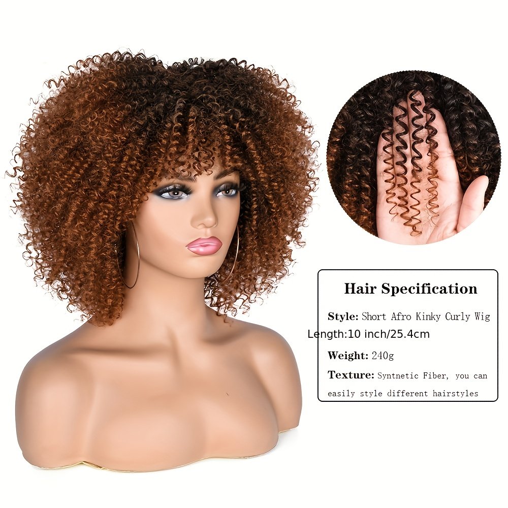 25.4cm Short Curly Afro Wigs for Bomb Afro Kinky Curly Wig with Bangs Synthetic Fiber Full Wig - Image 10