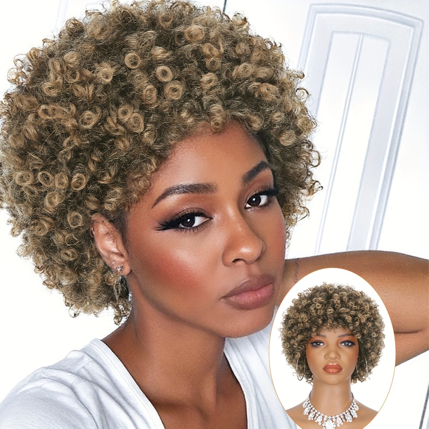 Short Curly Wig Mixed Brown Afro Wig for Men Or Women Short Curly Disco Rock Wig Hippie Costume Wigs Short Fluffy Disco Afro Wigs Synthetic Hair Replacement Wig for Music Festival Concert for Daily Party, Christmas, Cosplay, Parties, Etc - Image 7