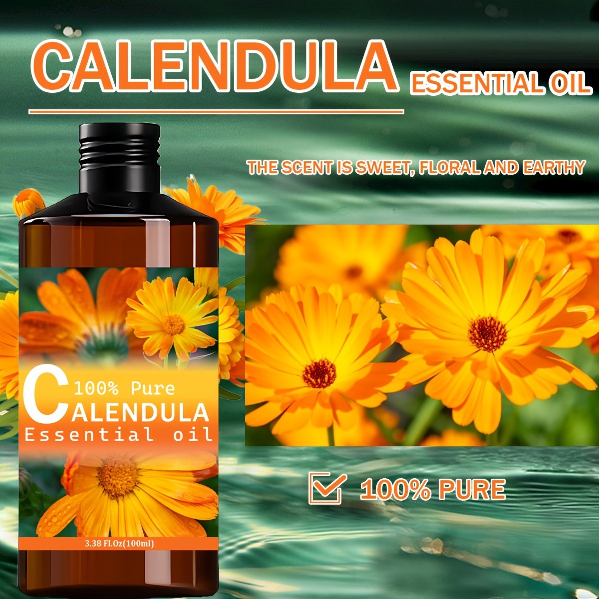 Calendula Essential Oil --100%, Premium Quality, Floral Aroma --Hydrating, Moisturizing, Nourishing Skin, Body Massage, Skin Massage --Used for Skin, Hair, Facial, Body Care --Suitable for Meditation, Bathing --100ml Body Massage Essential Oil - Image 2