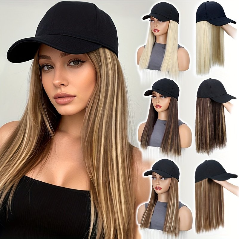 Synthetic Hat Wig with Long Straight Black Hair Baseball Cap Hair Extension Stylish Convenient All-In-One Design for Women