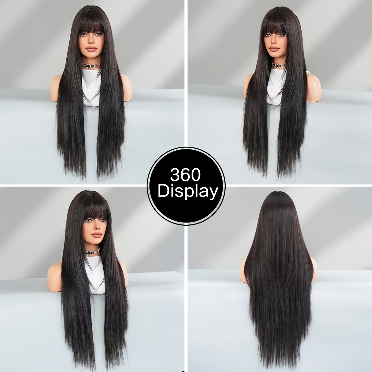 Long Straight Black Wig with Bangs High Layered 150% Density Black Wigs for Women Daily Party Use Synthetic Fiber Wig Heat Resistant 86.36 cm - Image 18