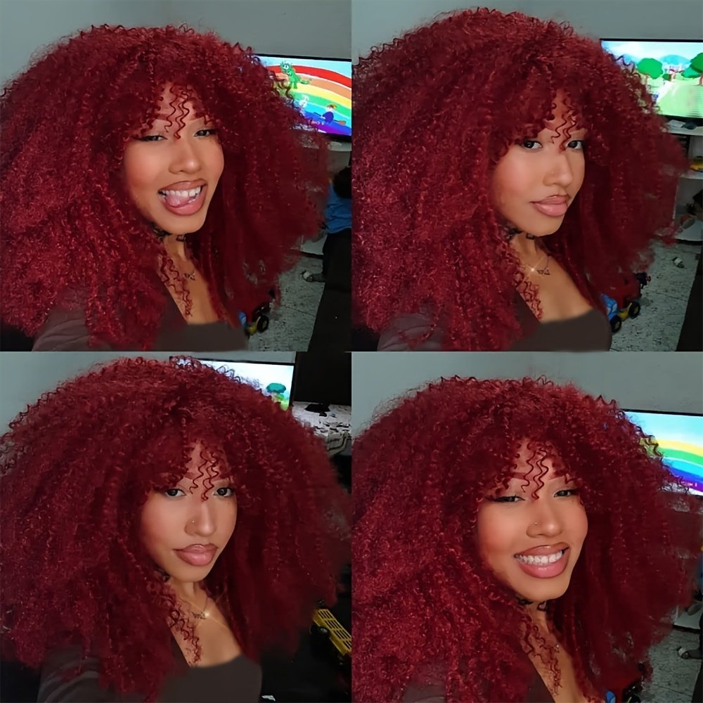 40.64 cm Afro Curly/Kinky Synthetic Wig with Bangs – Natural Look Wig for Women & Men, Easy to Style with Heat Tools, Perfect for Cosplay, Everyday & Special Events – Voluminous Curly Hairstyle, Short Hair Wig, Event Hairpiece, Secure Fit Cap, Cosplay Enthusiasts, Quick Hairstyle Change, Fashion Lovers