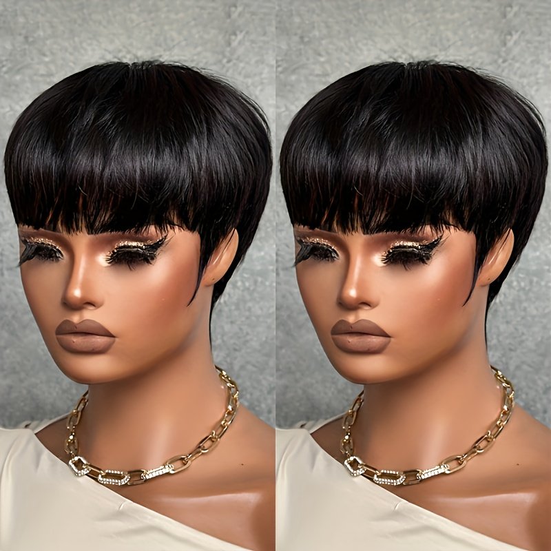 6-Inch Short Straight Human Hair Wig with Bangs 150% Density, Brazilian Remy Hair, Full Machine-Made Without Glueless, Suitable for Any Occasion & Party