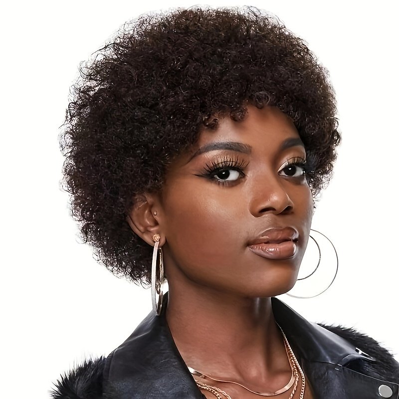Short Afro Curly Remy Hair Wig with Bangs, Basic Afro Curly Pixie Cut Basic Style, 150% Density Human Hair, Full Machine-Made, Non-Lace Easy to Wear - Image 25