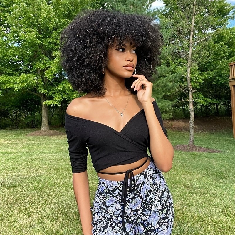 25.4cm Short Curly Afro Wigs for Bomb Afro Kinky Curly Wig with Bangs Synthetic Fiber Full Wig - Image 17