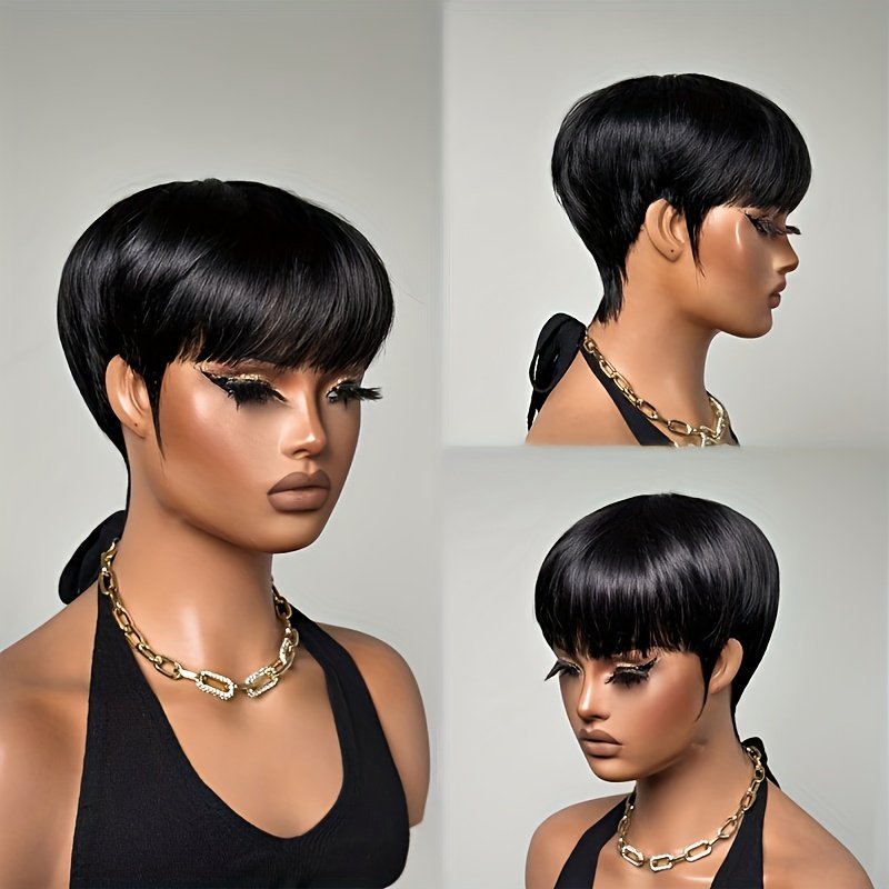 6-Inch Short Straight Human Hair Wig with Bangs 150% Density, Brazilian Remy Hair, Full Machine-Made Without Glueless, Suitable for Any Occasion & Party - Image 15