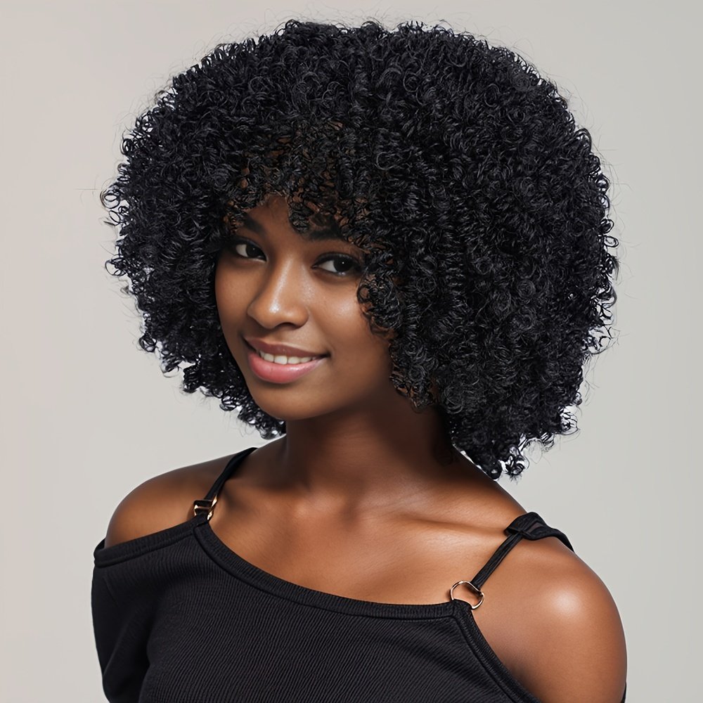 Short Afro Curly Wigs for Women Wavy Curly Wig Synthetic Heat Resistant Curly Afro Wig with Bangs Big Stretch Fluffy Curly Afro Wig 30.48 cm High-Density Soccer Fan Wig, Elastic Cap for Easter Rave Anime Music Festival Cosplay - Image 2