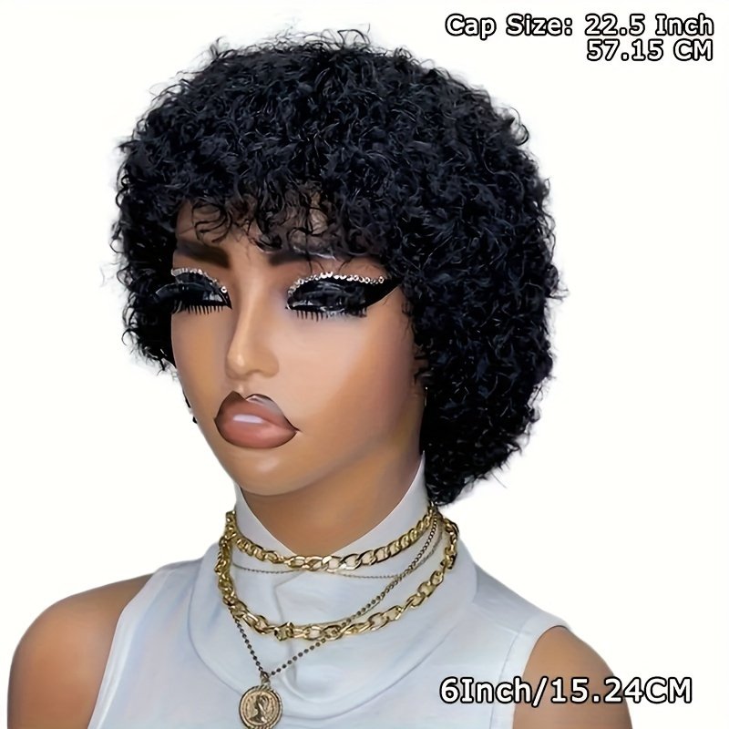 180% Pixie Cut Short Afro Curly Bob Human Hair Wigs 15.24 cm/105G with Bangs for Women Brazilian Virgin Remy Hair Natural Black Color Kinky Curly Wigs No Lace Front Natural Brazilian Real Hair - Image 16