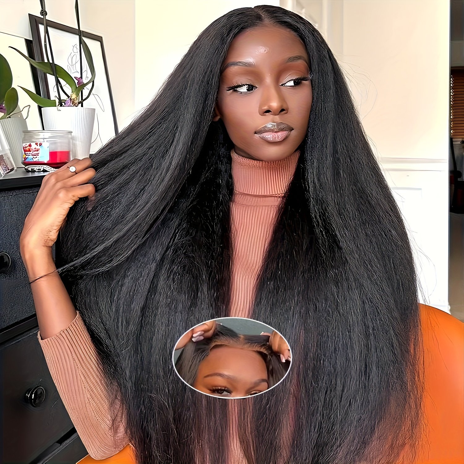 Wear & Go Glueless Wigs Yaki Kinky Straight Human Hair Pre Plucked Pre Cut 4x4 Lace Closure Wigs 180% Density Kinky Straight Glueless Wigs Human Hair for Women Natural Black - Image 12