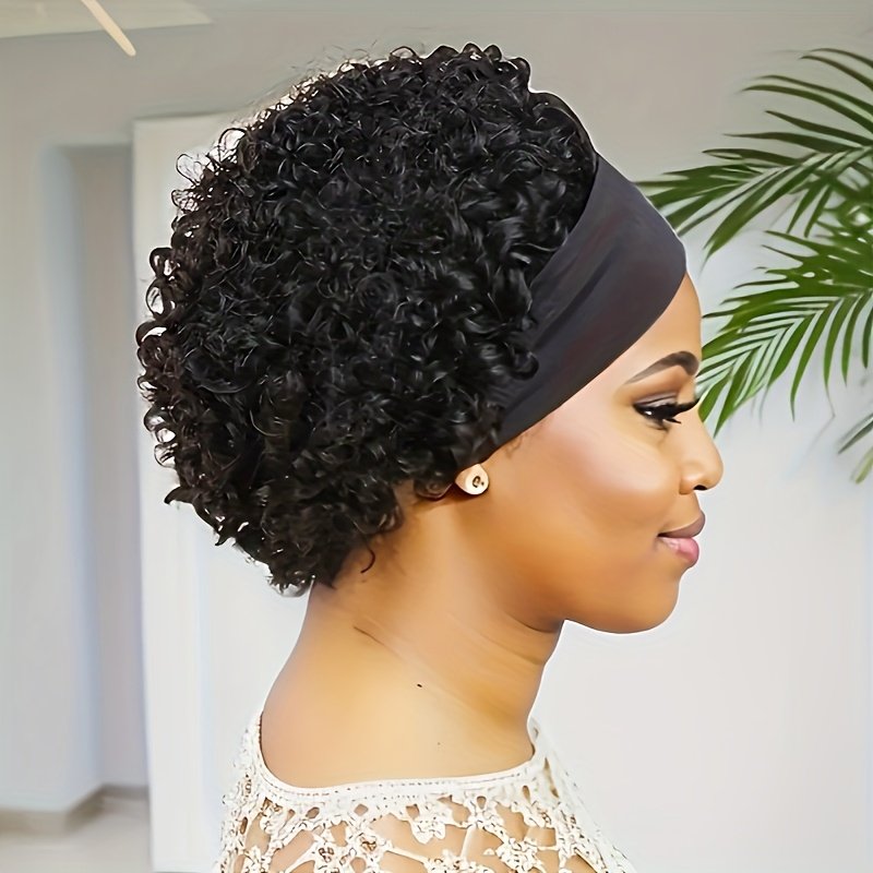 150% Density Human Hair Wig Short Headband Bob Wig Natural Black Short Curly Bob Cut Glueless Headband Wig Full Machine Curl Wig