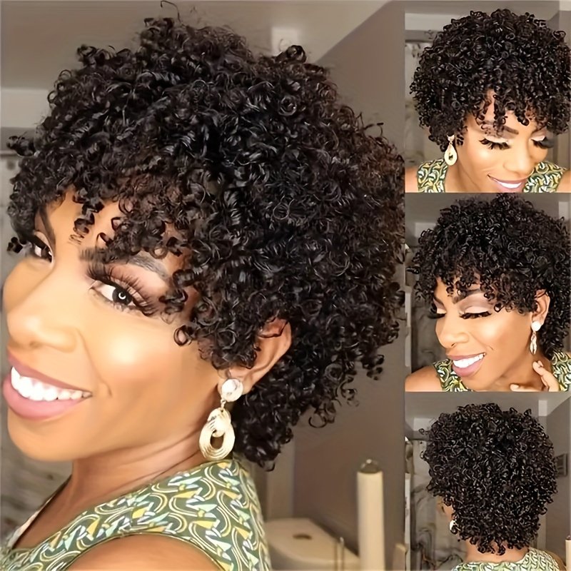 180% Pixie Cut Short Afro Curly Bob Human Hair Wigs 15.24 cm/105G with Bangs for Women Brazilian Virgin Remy Hair Natural Black Color Kinky Curly Wigs No Lace Front Natural Brazilian Real Hair - Image 2