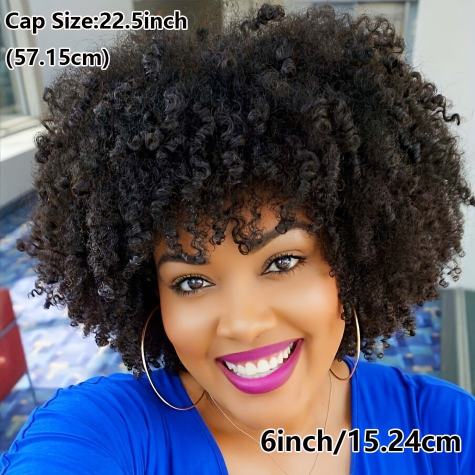 Brazilian Virgin Human Hair Afro Kinky Curly Wig with Bangs for Women & Unisex – Glueless Scalp Top 200% Density Natural Look Wig Suitable for Daily Use, Cosplay, Parties – 15.24cm Hairpiece for All Ethnicities (Machine-Made)