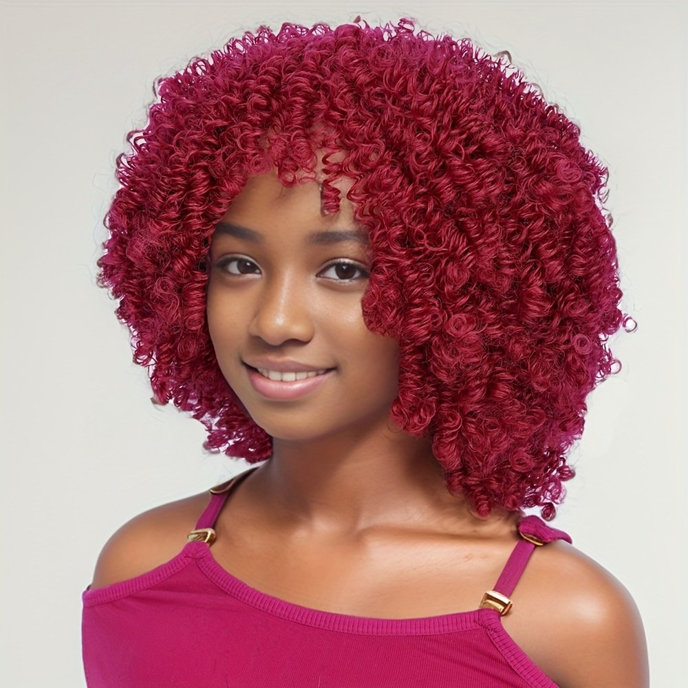 Short Afro Curly Wigs for Women Wavy Curly Wig Synthetic Heat Resistant Curly Afro Wig with Bangs Big Stretch Fluffy Curly Afro Wig 30.48 cm High-Density Soccer Fan Wig, Elastic Cap for Easter Rave Anime Music Festival Cosplay - Image 26