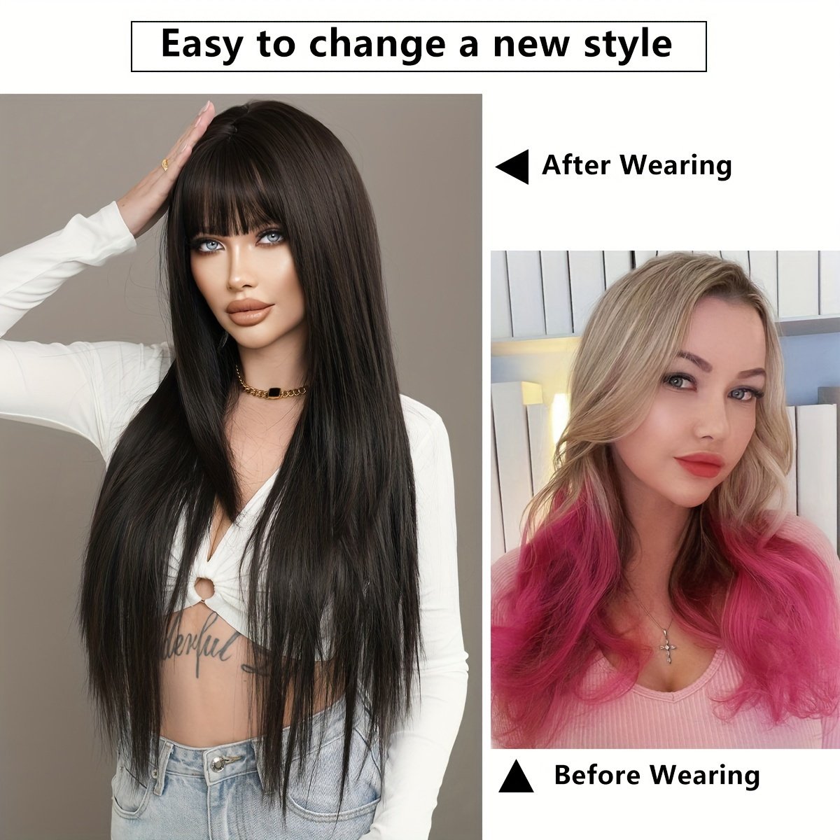 Long Straight Black Wig with Bangs High Layered 150% Density Black Wigs for Women Daily Party Use Synthetic Fiber Wig Heat Resistant 86.36 cm - Image 16