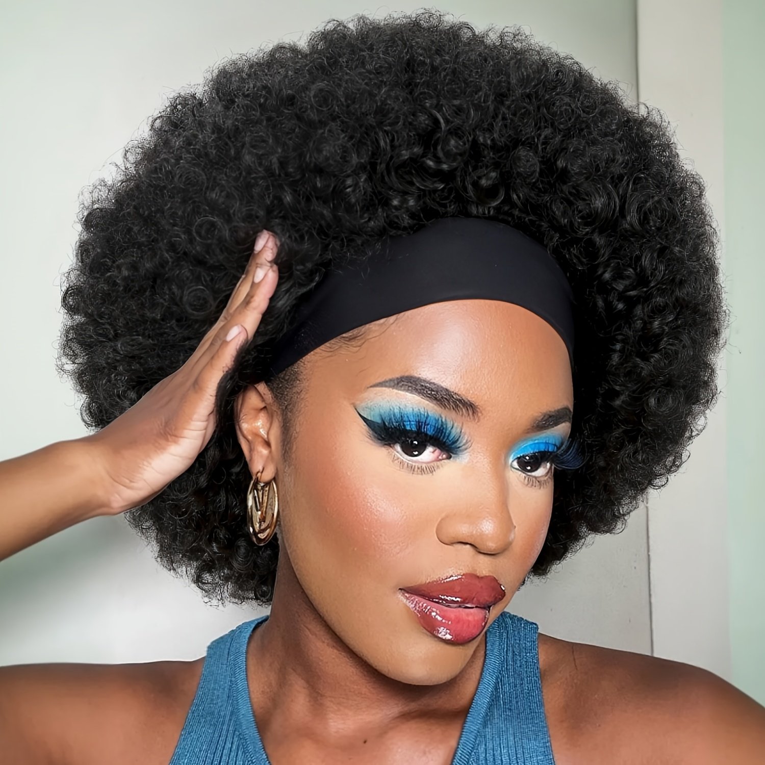 Afro Headband Wig Afro Curly Glueless Wigs Black Brown Short Afro Wig Kinky Curly Wig Headband Wigs for Women Natural Black Afro Wigs with Headbands Attached Afro Curly Headband Wigs Synthetic Afro Scarf Wigs for Womens Afro Wigs