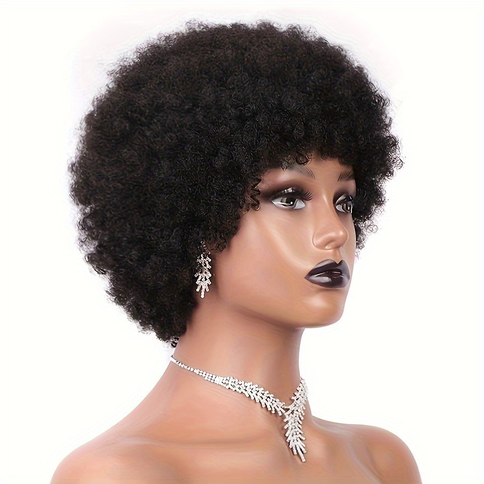 Wig with Afro Kinky Curly Bangs for Women, Featuring a Short Pixie Cut Made of Human Hair. This Soft, Curly Afro Wig Looks Natural And Is Perfect for Everyday Wear