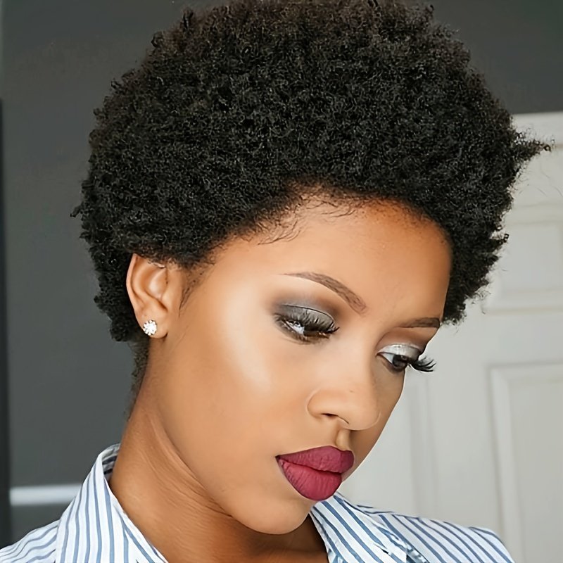 Machine-Made Human Hair Wig – Short Afro Curly 10.16 cm Natural Black 150% Density Pixie Cut for Women, Elegant Style for Daily & Party Wear, Daily Wear Wig | Pixie Cut Wig | Full Voluminous Look