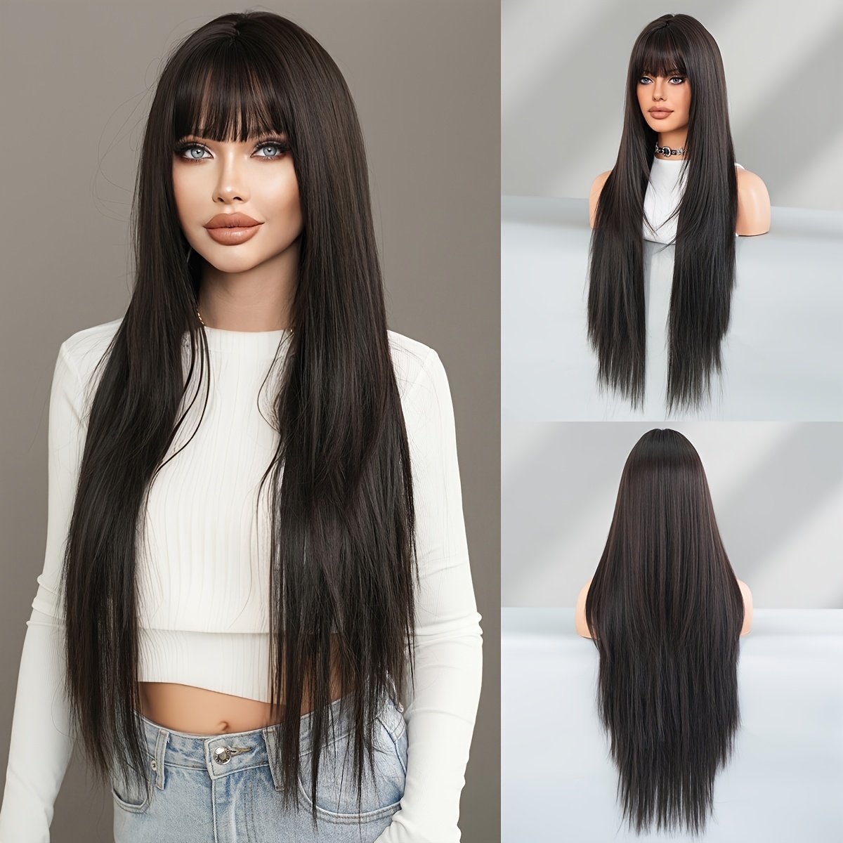 Long Straight Black Wig with Bangs High Layered 150% Density Black Wigs for Women Daily Party Use Synthetic Fiber Wig Heat Resistant 86.36 cm - Image 2