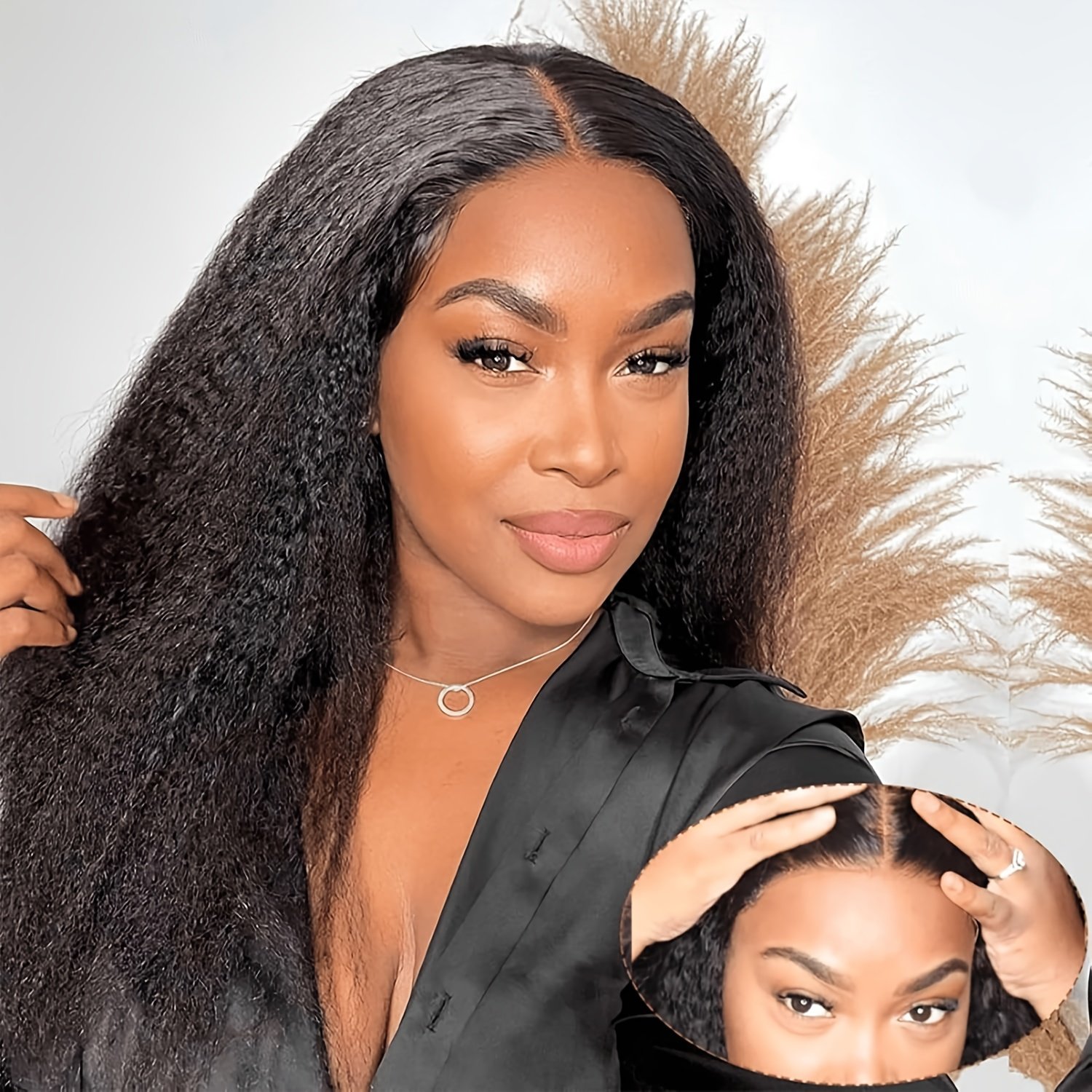 Wear & Go Glueless Wigs Yaki Kinky Straight Human Hair Pre Plucked Pre Cut 4x4 Lace Closure Wigs 180% Density Kinky Straight Glueless Wigs Human Hair for Women Natural Black - Image 18