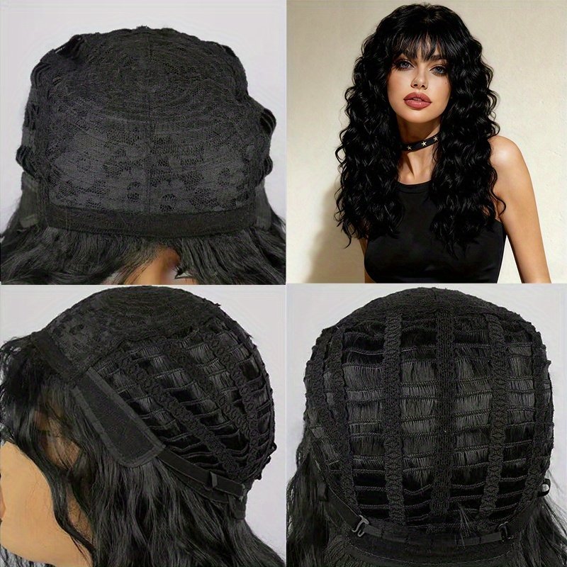 One Black Wig with Bangs, Natural Fluffy Medium-Long Curly High-Quality Synthetic Wig, Suitable for Daily Parties and Christmas Dress-Up - Perfect New Year Gift 1B Black - Image 19
