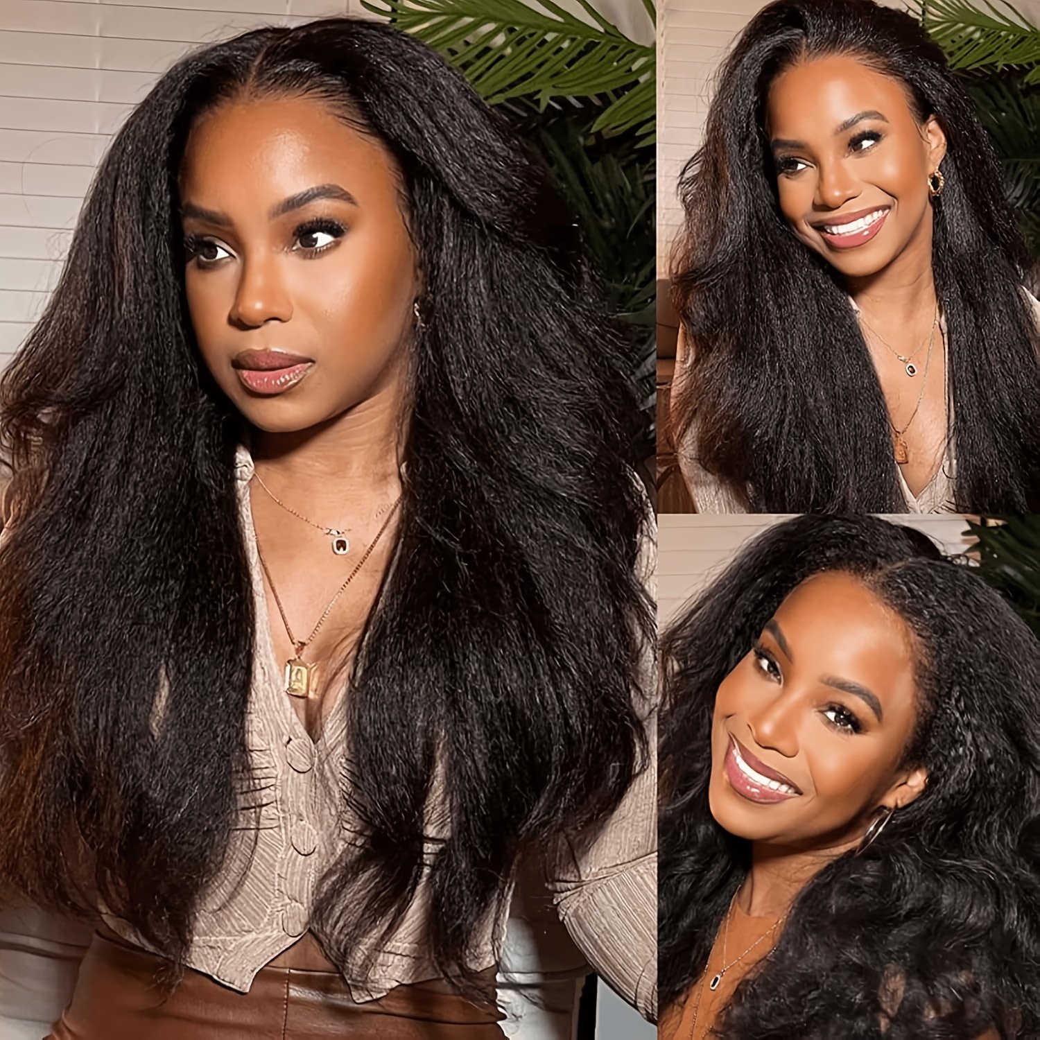 Wear & Go Glueless Wigs Yaki Kinky Straight Human Hair Pre Plucked Pre Cut 4x4 Lace Closure Wigs 180% Density Kinky Straight Glueless Wigs Human Hair for Women Natural Black - Image 14