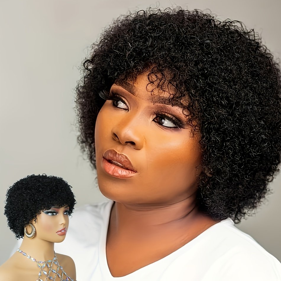 Women'S Afro Kinky Curly Human Hair Wig Short Curly Wave Human Hair Wig with Bangs Full Machine Made 200% Density Basic Style Suitable for Daily Wear - Image 33