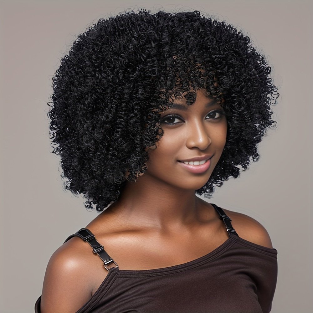 Short Afro Curly Wigs for Women Wavy Curly Wig Synthetic Heat Resistant Curly Afro Wig with Bangs Big Stretch Fluffy Curly Afro Wig 30.48 cm High-Density Soccer Fan Wig, Elastic Cap for Easter Rave Anime Music Festival Cosplay - Image 7