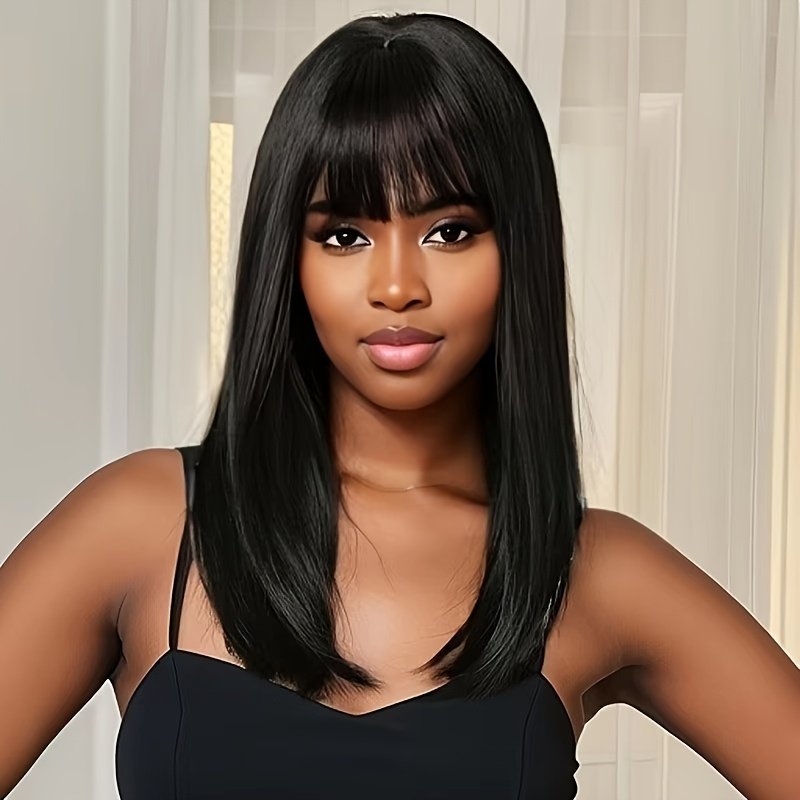 Short Bow-Shaped Wig for Women Made of High-Temperature Fiber, Featuring a Full Head of Medium-Length Korean-Style Hair.