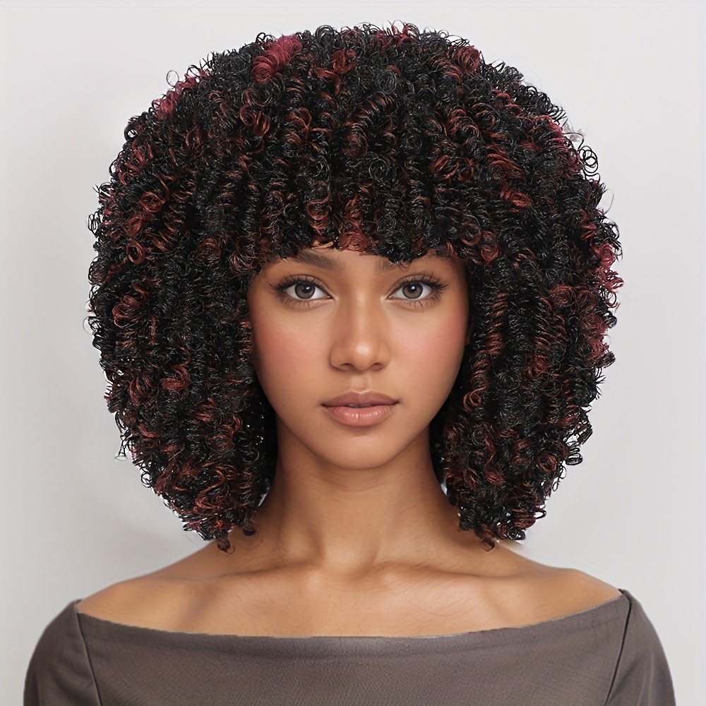 Short Afro Curly Wigs for Women Wavy Curly Wig Synthetic Heat Resistant Curly Afro Wig with Bangs Big Stretch Fluffy Curly Afro Wig 30.48 cm High-Density Soccer Fan Wig, Elastic Cap for Easter Rave Anime Music Festival Cosplay - Image 11