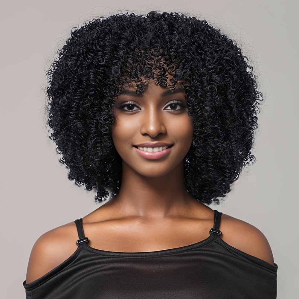 Short Afro Curly Wigs for Women Wavy Curly Wig Synthetic Heat Resistant Curly Afro Wig with Bangs Big Stretch Fluffy Curly Afro Wig 30.48 cm High-Density Soccer Fan Wig, Elastic Cap for Easter Rave Anime Music Festival Cosplay