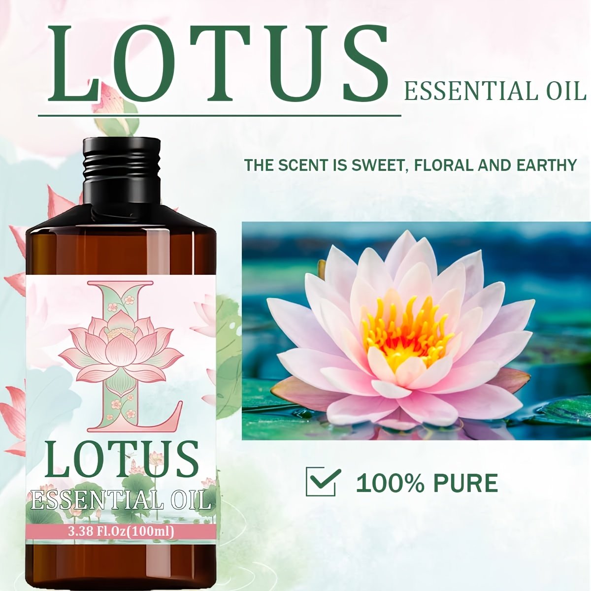 for Lotus Essential Oil --100% Pure, High-quality, Floral Fragrance --Hydrating, Moisturizing, Nourishing the Skin --Used for Skin, Hair, Face, Body Care --Suitable for Meditation, Bathing --100ml, Multi-purpose, for Lotus Body Massage Essential Oil - Image 2