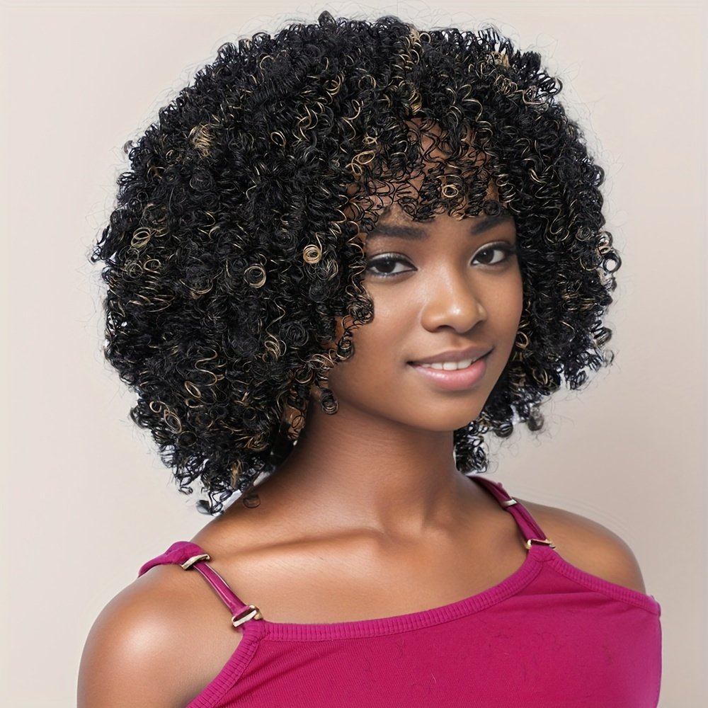 Short Afro Curly Wigs for Women Wavy Curly Wig Synthetic Heat Resistant Curly Afro Wig with Bangs Big Stretch Fluffy Curly Afro Wig 30.48 cm High-Density Soccer Fan Wig, Elastic Cap for Easter Rave Anime Music Festival Cosplay - Image 34
