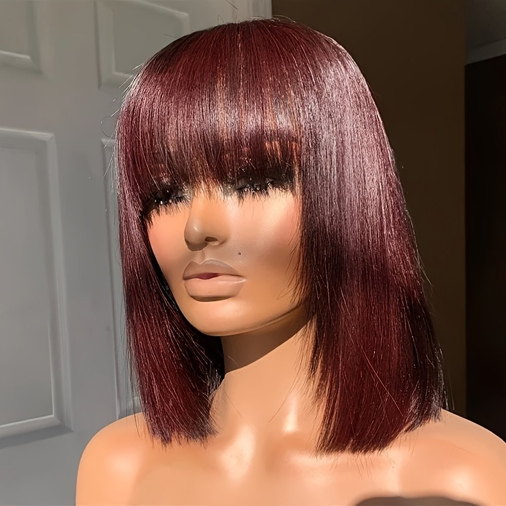 Glueless Short Bob Straight Human Hair Wigs with Bangs, Burgundy Non Lace Front Wig for Women, Brazilian Hair Wear And Go Wig 99J Color - Image 6