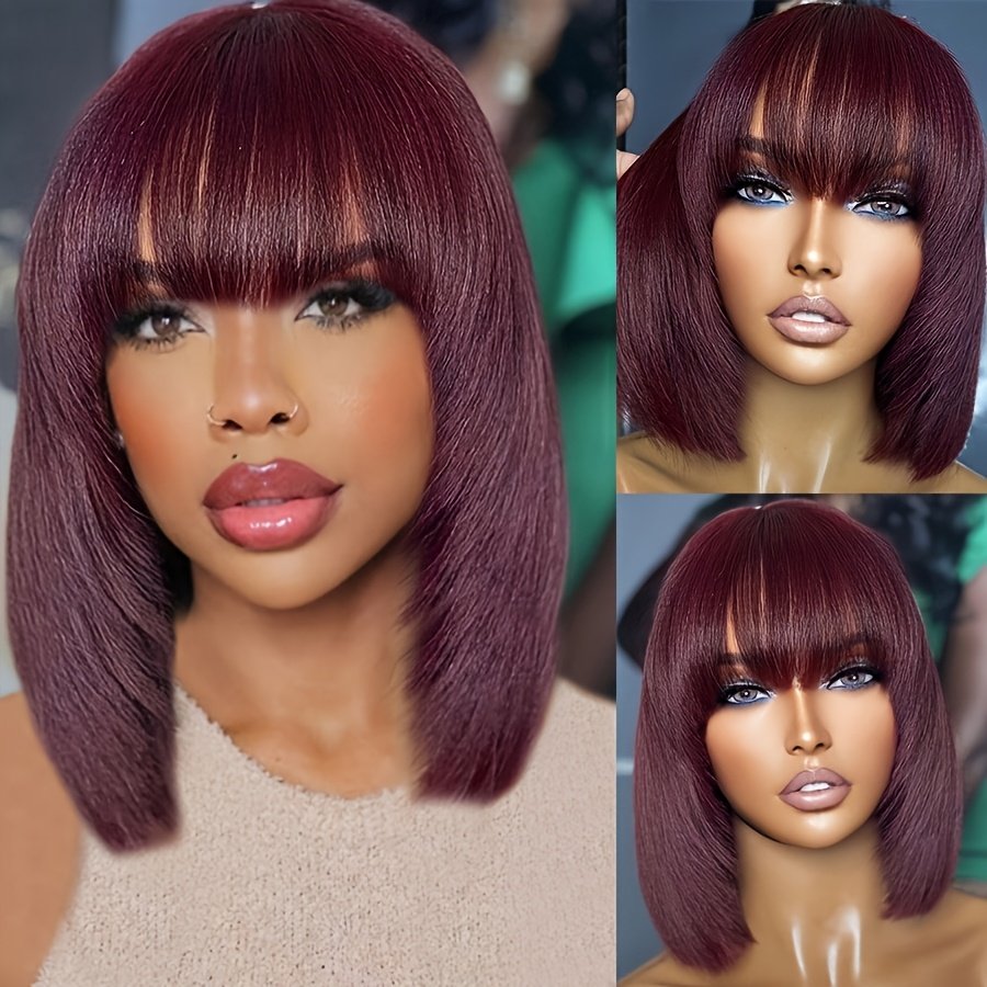 Glueless Short Bob Straight Human Hair Wigs with Bangs, Burgundy Non Lace Front Wig for Women, Brazilian Hair Wear And Go Wig 99J Color - Image 10