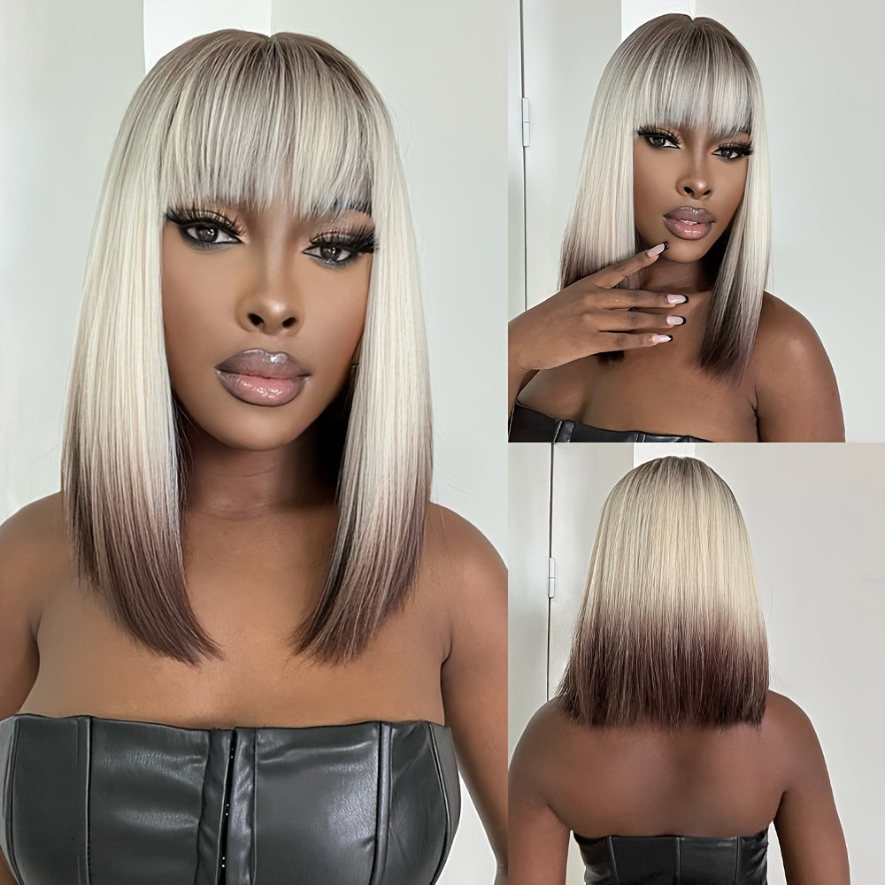 Straight Synthetic Wig with Bangs, Featuring a Matte End And Breathable Rose Net Cap, Suitable for Women And Made from High-Temperature Fibers