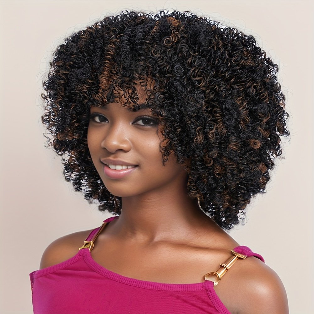 Short Afro Curly Wigs for Women Wavy Curly Wig Synthetic Heat Resistant Curly Afro Wig with Bangs Big Stretch Fluffy Curly Afro Wig 30.48 cm High-Density Soccer Fan Wig, Elastic Cap for Easter Rave Anime Music Festival Cosplay - Image 35