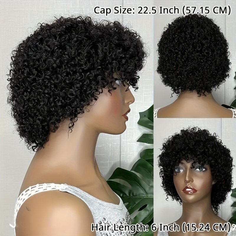 180% Pixie Cut Short Afro Curly Bob Human Hair Wigs 15.24 cm/105G with Bangs for Women Brazilian Virgin Remy Hair Natural Black Color Kinky Curly Wigs No Lace Front Natural Brazilian Real Hair - Image 14