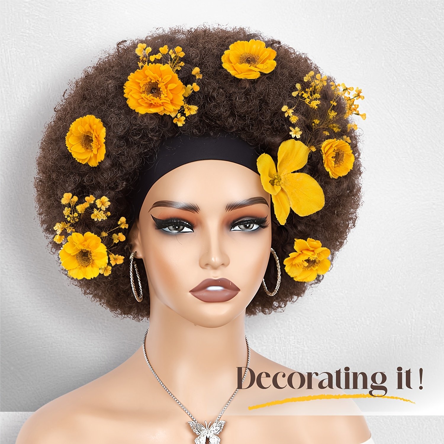 Afro Headband Wig Afro Curly Glueless Wigs Black Brown Short Afro Wig Kinky Curly Wig Headband Wigs for Women Natural Black Afro Wigs with Headbands Attached Afro Curly Headband Wigs Synthetic Afro Scarf Wigs for Womens Afro Wigs - Image 2