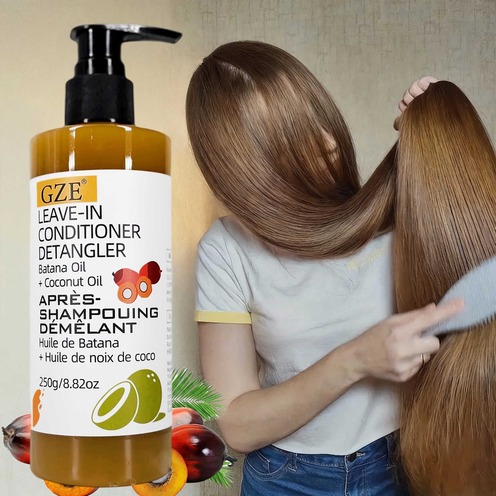 GZE Leave in Conditioner, Hair Detangler with Batana Oil And Coconut Oil, Anti Frizz, Adds Shine & Softness, Nourishing & Smoothing, Moisturizes Dry Hair, Lightweight Formula, for All Hair Types, 250G