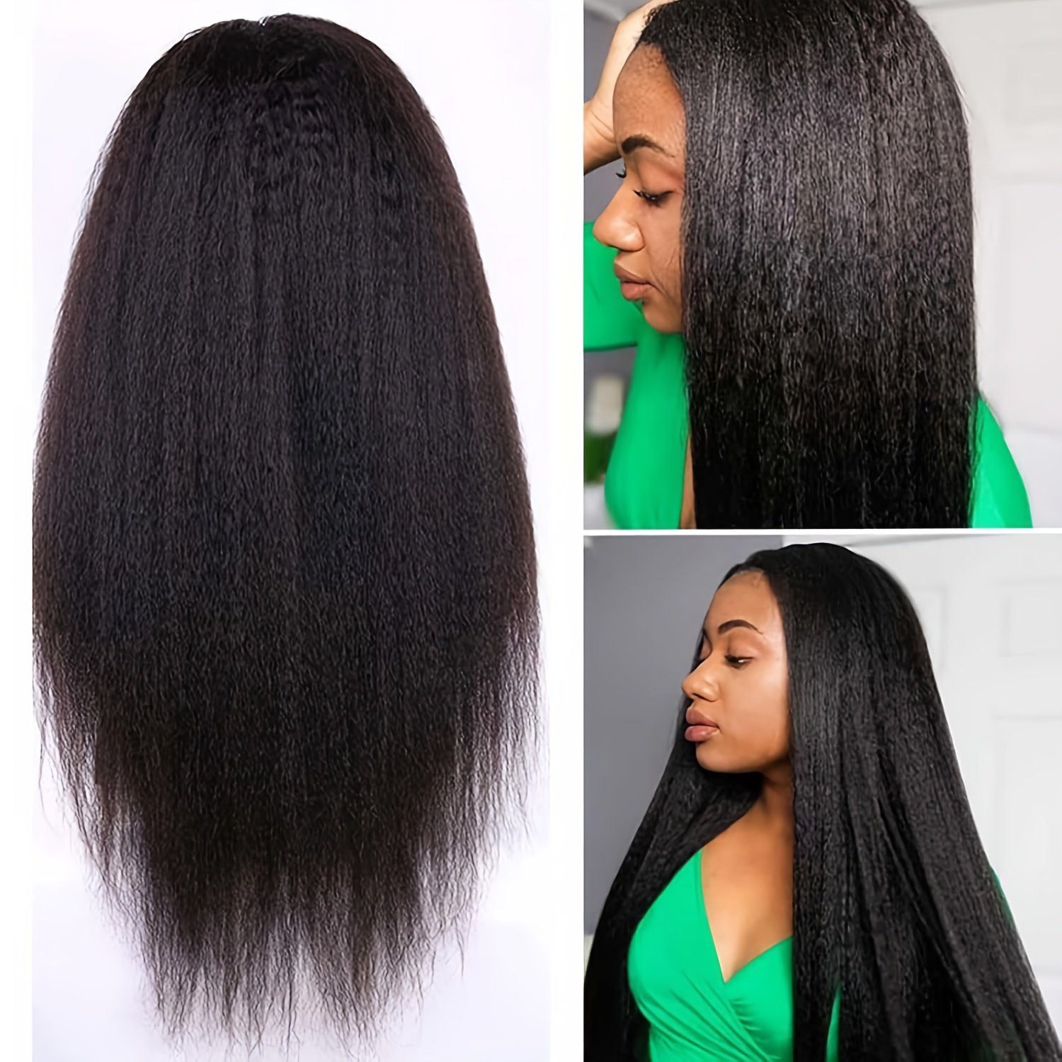 Wear & Go Glueless Wigs Yaki Kinky Straight Human Hair Pre Plucked Pre Cut 4x4 Lace Closure Wigs 180% Density Kinky Straight Glueless Wigs Human Hair for Women Natural Black - Image 3