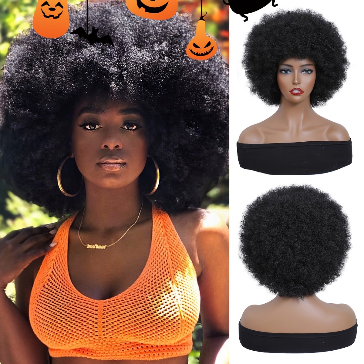 Hair Cap 5881, Women’s Soft Afro Wig, Curly Afro Wig, Natural Bangs Short Afro Curls, Fluffy Black Afro Wig, Synthetic Hair Large Afro Wig, for Halloween, Carnival, Music Festival, Daily Party Cosplay Holiday Christmas Decoration, Weave Wig in Black